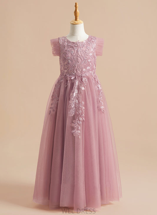 Girl A-Line Short Flower Sleeves Neck Dress Tulle Floor-length Scoop Flower Girl Dresses - Mckinley