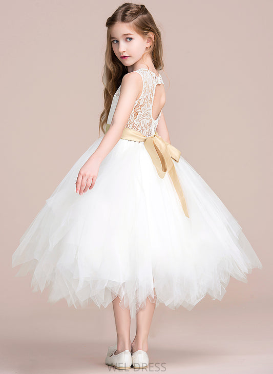 Neck Tulle/Lace Girl sash) (Detachable Scoop Tea-length With Sash/Back Hole Flower Girl Dresses Flower Sleeveless A-Line Dress - Ashlyn