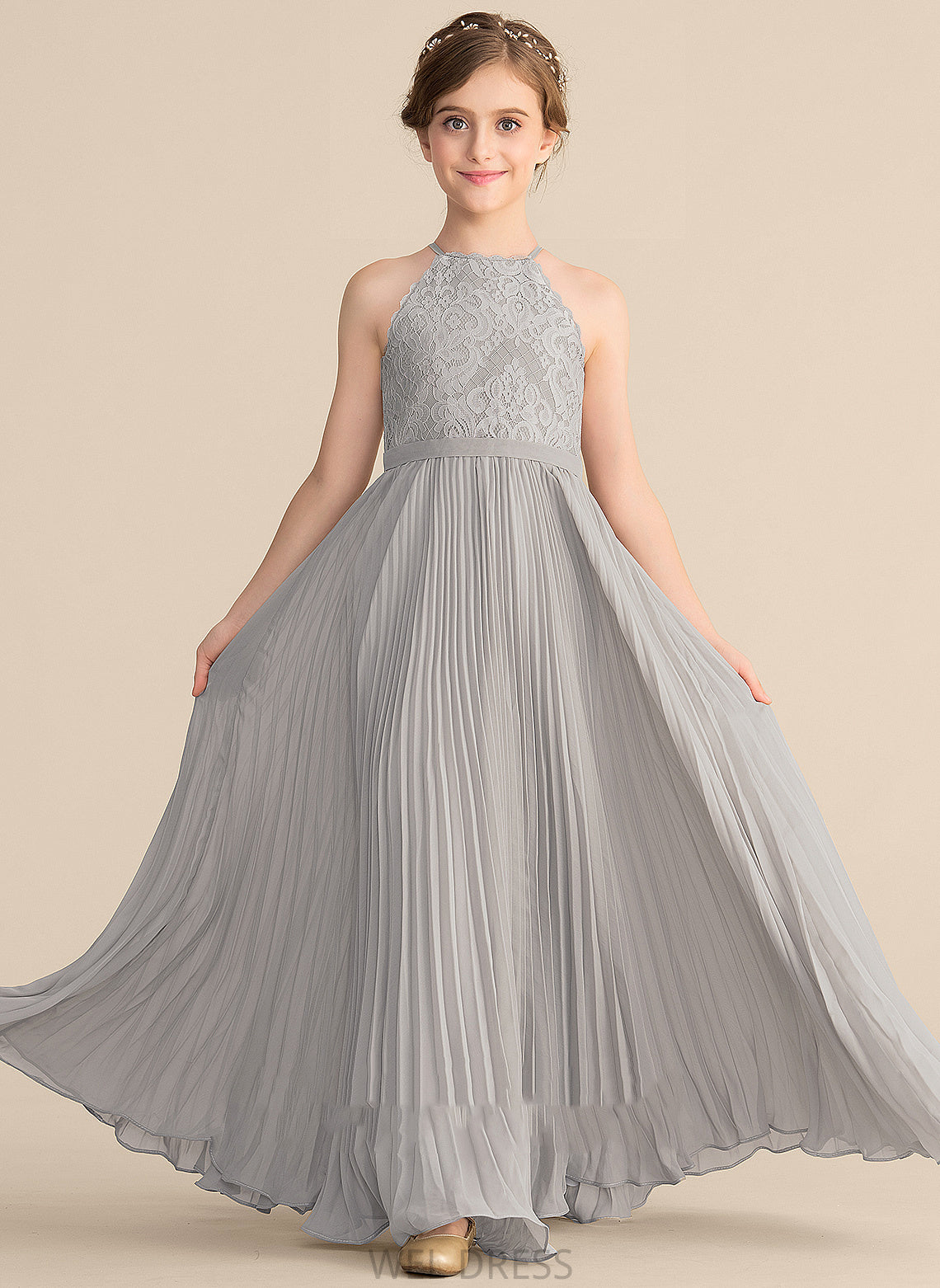 Lace Chiffon Junior Bridesmaid Dresses Neck Scoop With A-Line Hallie Floor-Length Pleated