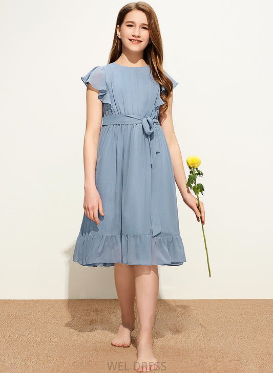 A-Line Carley Knee-Length Scoop Bow(s) Junior Bridesmaid Dresses With Chiffon Cascading Ruffles Neck