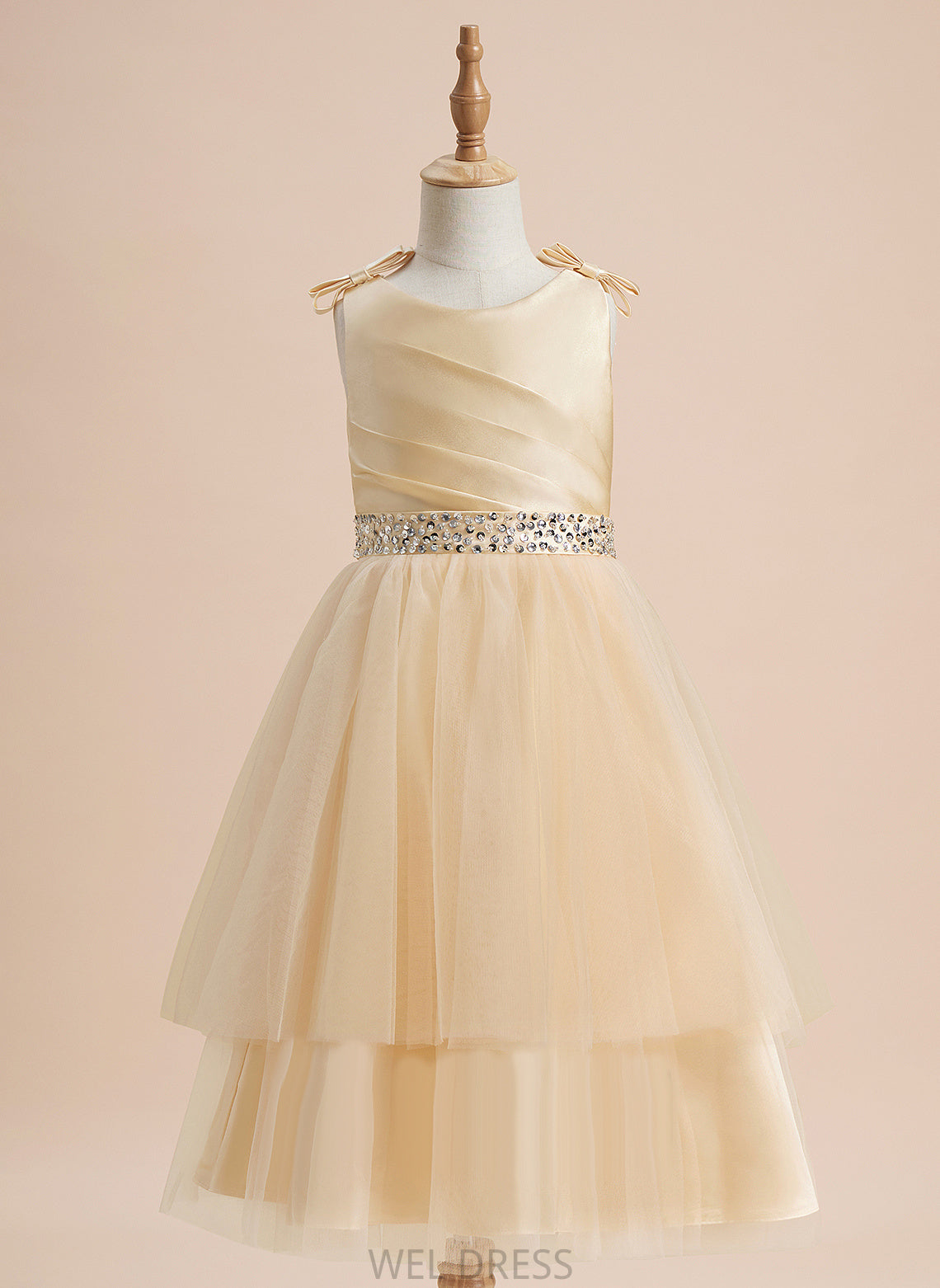 Sleeveless Scoop Camille - Girl Satin/Tulle Knee-length With Neck Beading/Sequins/Bow(s) Flower Girl Dresses Flower A-Line Dress