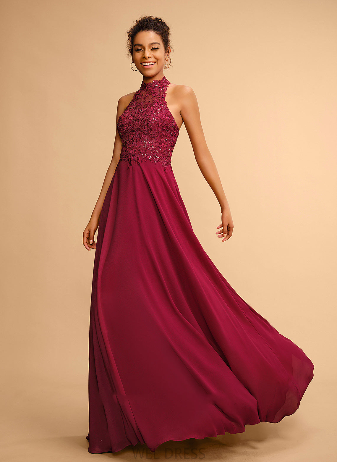 Halter Floor-Length Lace Prom Dresses Chiffon A-Line Sequins Vivian With