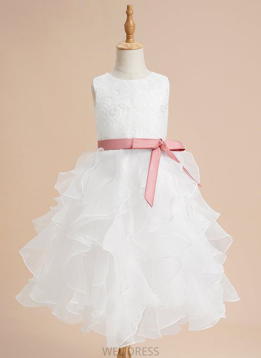 Lace/Sash Ball-Gown/Princess Flower Girl Dresses Flower Neck Organza Scoop Viola - With Sleeveless Girl Tea-length Dress