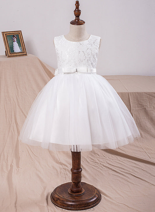 Bow(s) Girl Neck Ball-Gown/Princess Flower Tulle/Lace Flower Girl Dresses Knee-length - Kay Scoop Sleeveless Dress With