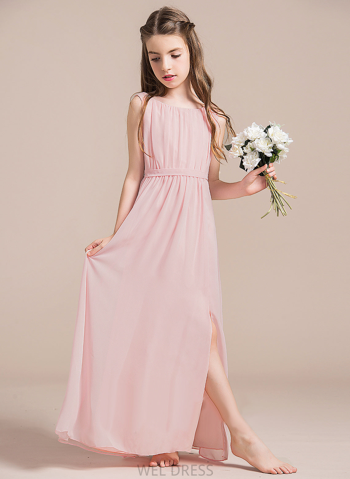 Chiffon Ruffle Junior Bridesmaid Dresses Joan Neck With Front Split Scoop A-Line Floor-Length