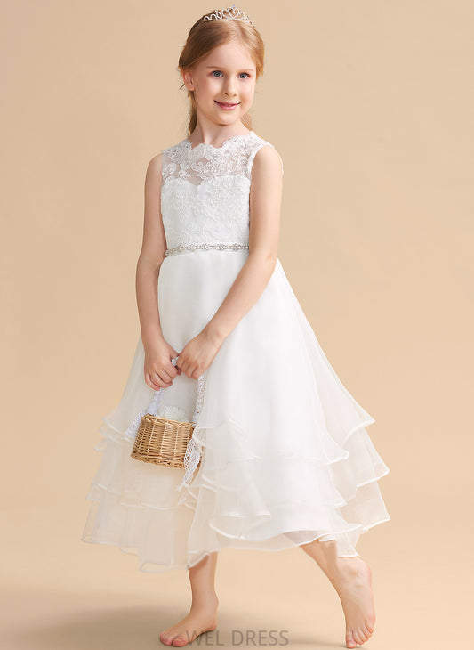 Girl Dress A-Line - With Scoop Flower Neck Flower Girl Dresses Tea-length Organza/Lace Sleeveless Beading/Rhinestone Eva