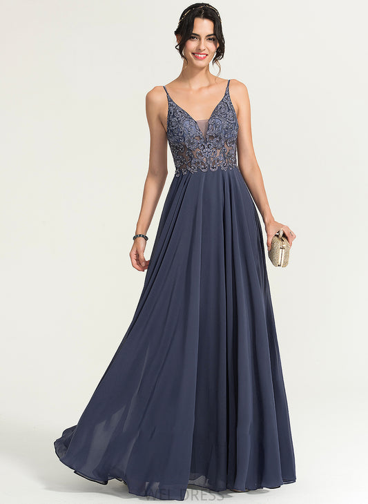 Chiffon Floor-Length With A-Line Prom Dresses Wendy V-neck Beading Sequins