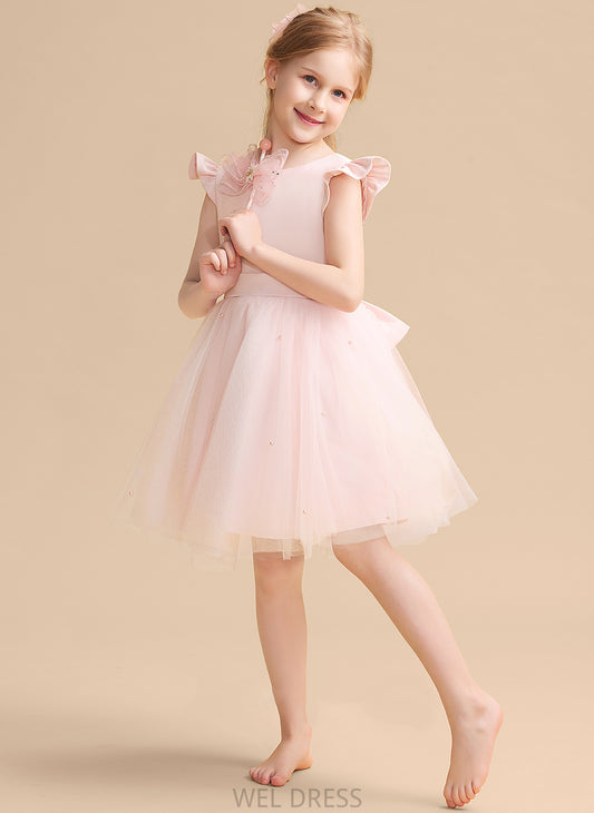 Naomi Neck Ruffles/Beading/Bow(s) Girl Knee-length Dress Tulle Flower Girl Dresses With Flower Scoop A-Line Sleeveless -