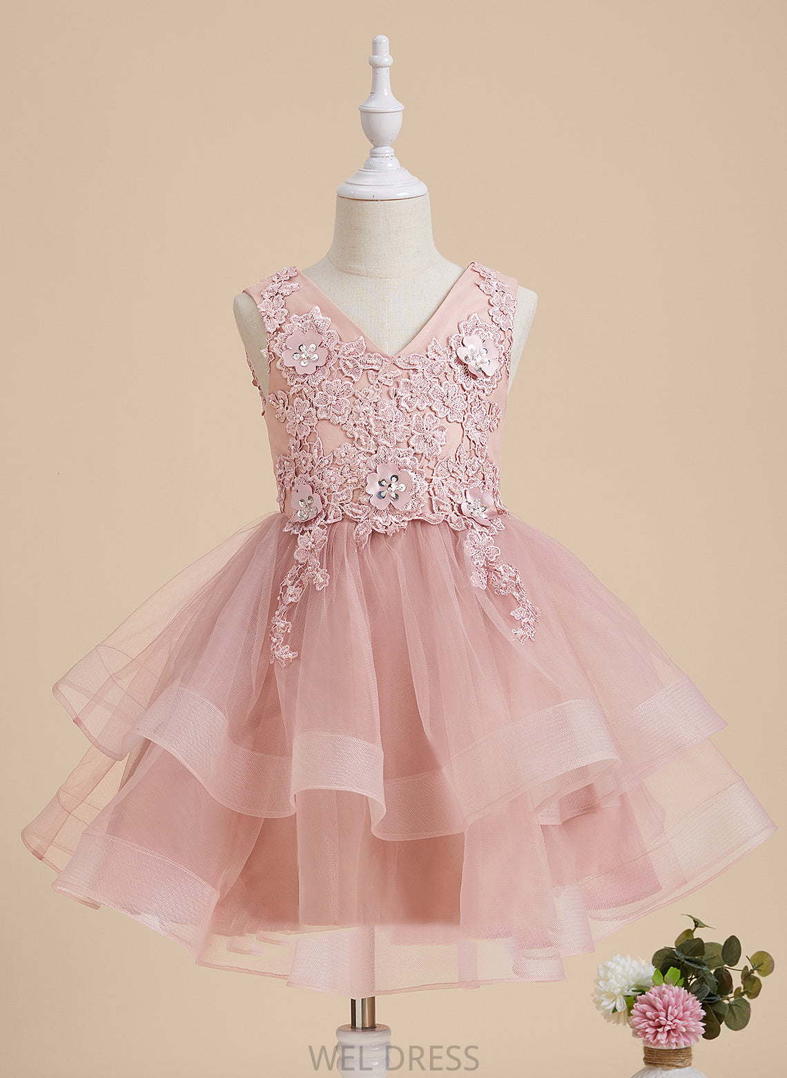 Sleeveless Knee-length Dress Danna Beading/Flower(s)/Sequins V-neck Girl A-Line Tulle/Lace Flower Girl Dresses With Flower -