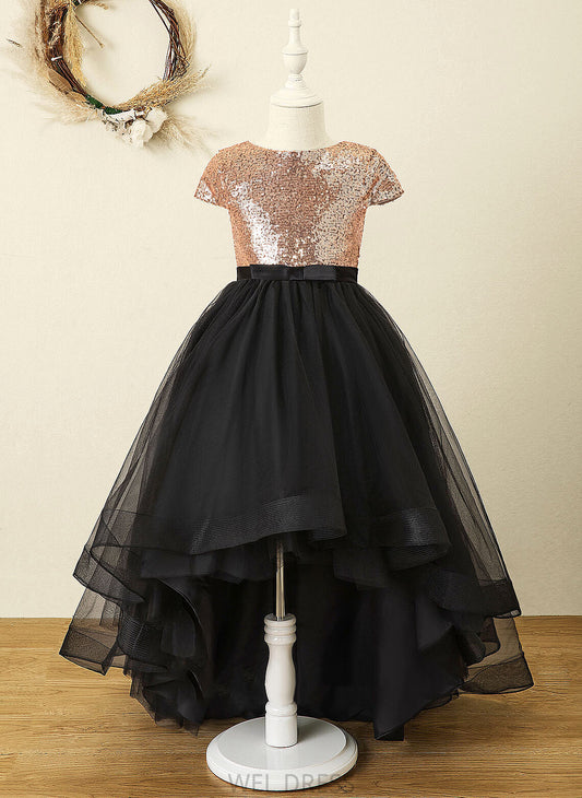 With Maren Tulle/Sequined Girl Flower Girl Dresses Neck - A-Line Flower Scoop Dress Asymmetrical Bow(s) Sleeveless