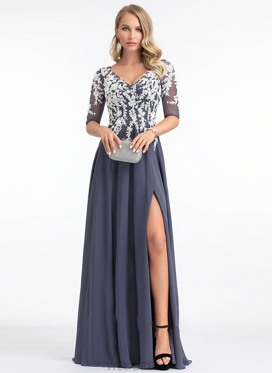 With Split V-neck Floor-Length Chiffon Prom Dresses A-Line Hayden Sequins Front