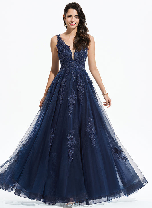 V-neck Floor-Length Tulle Prom Dresses Sequins Denisse With A-Line Lace