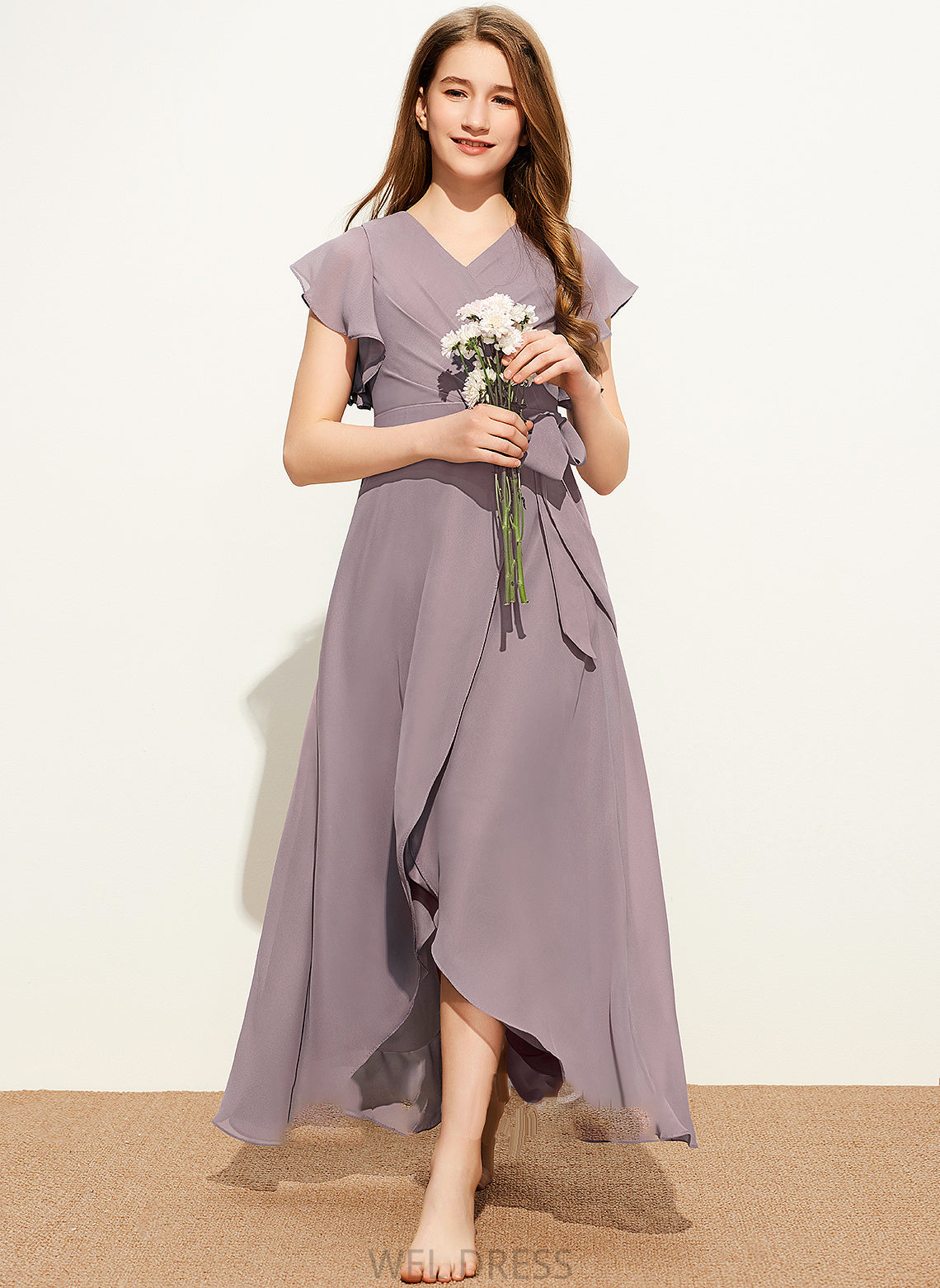 Asymmetrical Junior Bridesmaid Dresses Bow(s) A-Line Chiffon With Peyton Ruffle V-neck