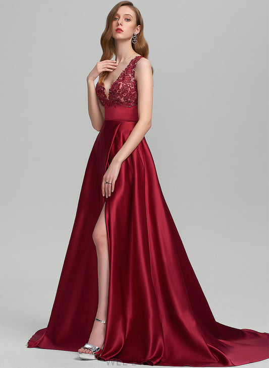 Front Araceli Split Ball-Gown/Princess With Sequins Sweep V-neck Satin Train Prom Dresses