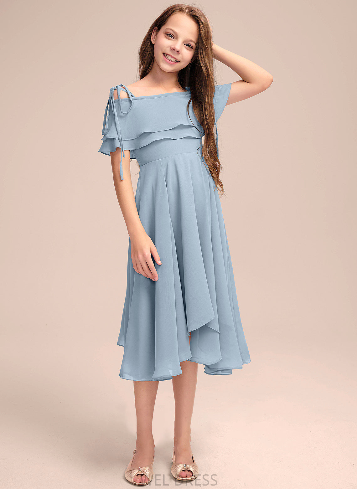 Ruffles With Junior Bridesmaid Dresses A-Line Off-the-Shoulder Chiffon Celia Cascading Asymmetrical