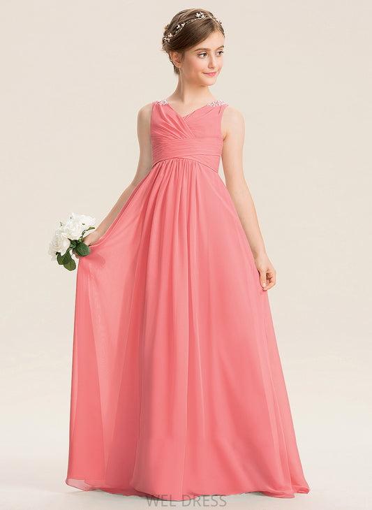 Junior Bridesmaid Dresses Natalya EmpireV-neckFloor-LengthChiffonJuniorBridesmaidDressWithRuffleBeadingSequins#173291