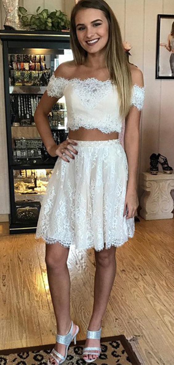 Off-the-Shoulder With Lace Appliques Two Piece Homecoming Dresses