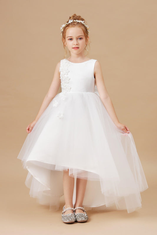 Chic Hi-Lo Sleeveless Applique Tulle Stain Flower Girl Dresses With Bownet