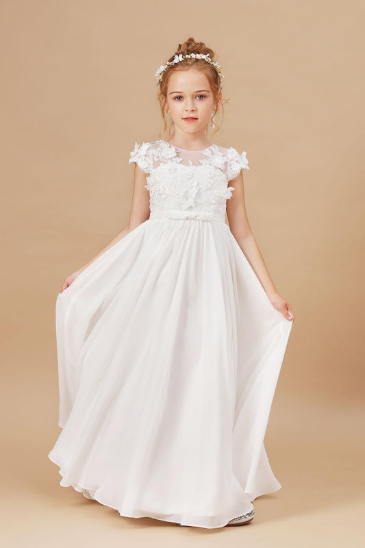 A-line Floor Length Ivory Chiffon Appliques Flower Girl Dresses