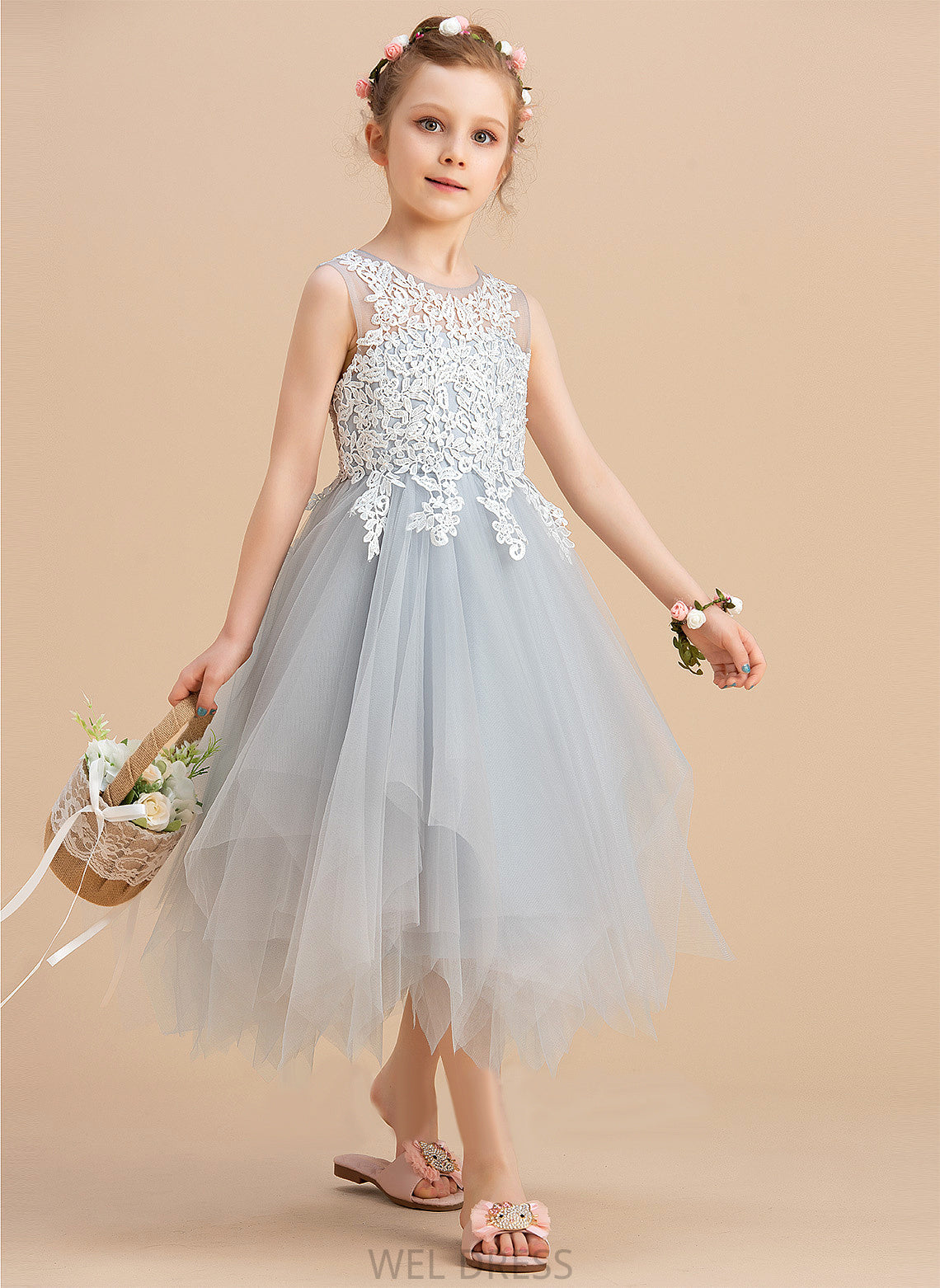 Tulle/Lace Carina Girl A-Line Neck Dress - Scoop Flower Girl Dresses Sleeveless Tea-length Flower