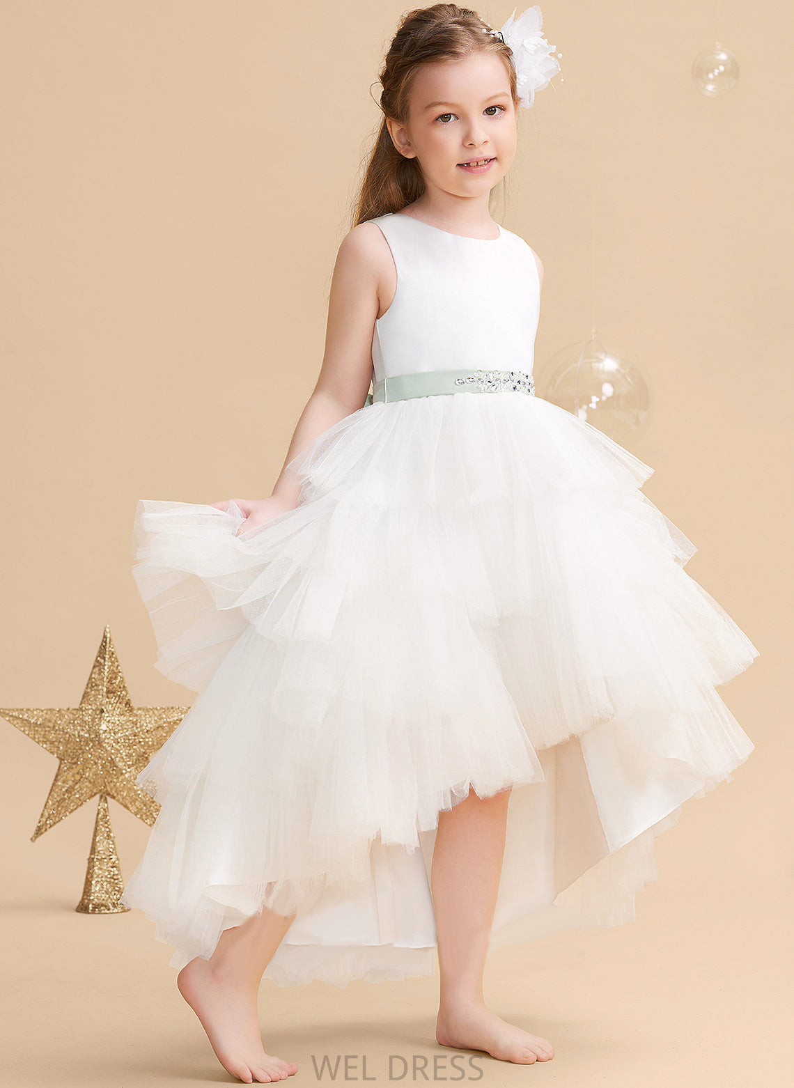 Madeleine Scoop Flower Girl Dresses Asymmetrical Dress (Detachable Neck Flower Sleeveless sash) Sash/Beading With Girl - Ball-Gown/Princess Tulle