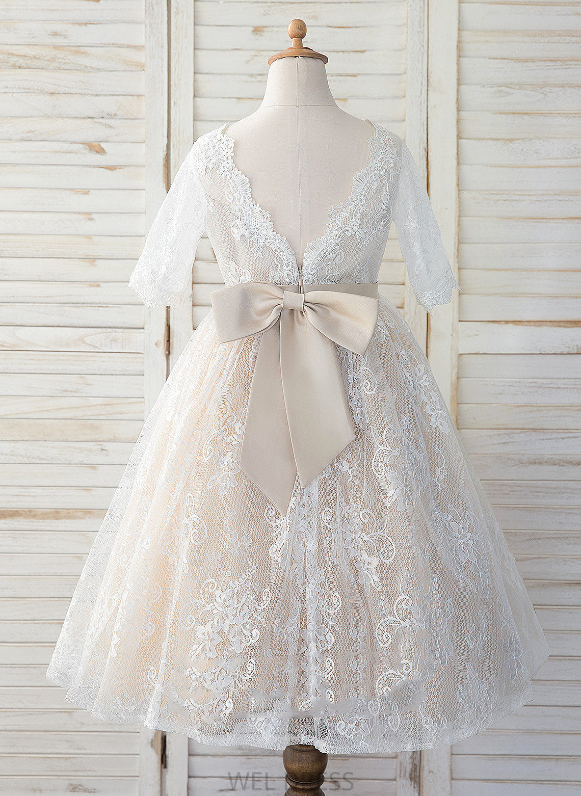 Dress Sleeves Tea-length Scoop Flower Neck Flower Girl Dresses 3/4 - With Bow(s) Girl A-Line Tulle/Lace Kennedy