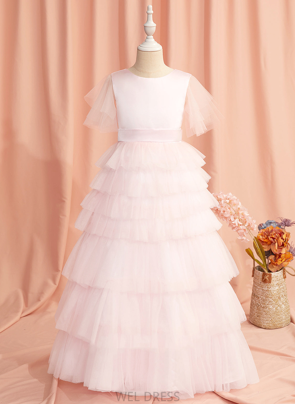 Flower Ball-Gown/Princess Floor-length Tulle Neck Kaylin With Scoop Girl Flower Girl Dresses Back - Short Ruffles/V Dress Sleeves