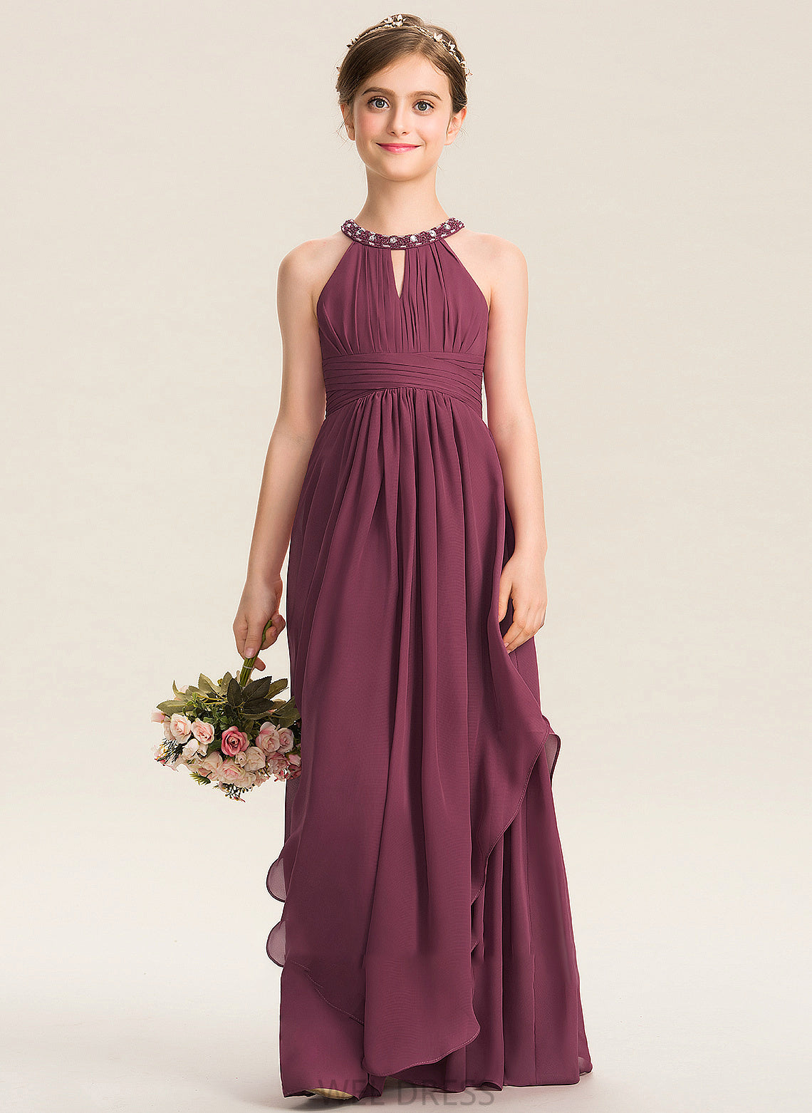 Chiffon Scoop A-Line With Floor-Length Ruffle Neck Junior Bridesmaid Dresses Deanna Beading