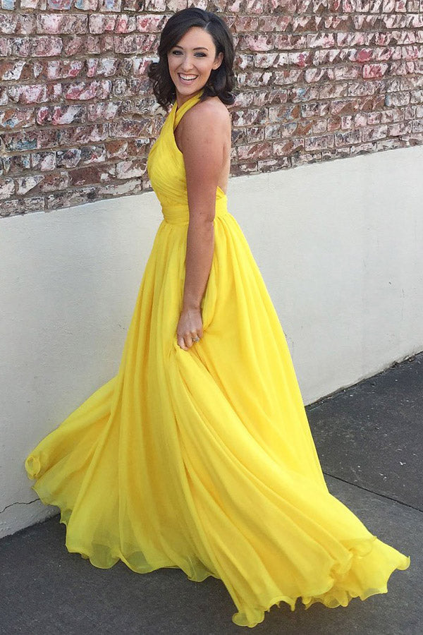 Yellow A Line Floor Length Halter Sleeveless Backless Bridesmaid Dresses