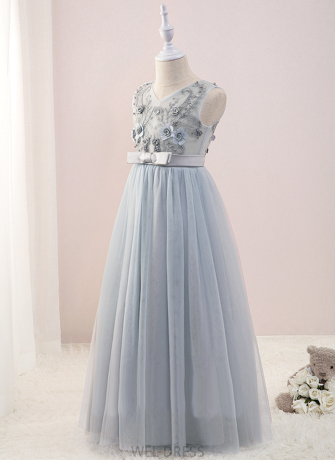 With Flower Flower Girl Dresses Girl Beading/Flower(s) Dress V-neck - Nyla Sleeveless Floor-length A-Line Tulle/Lace