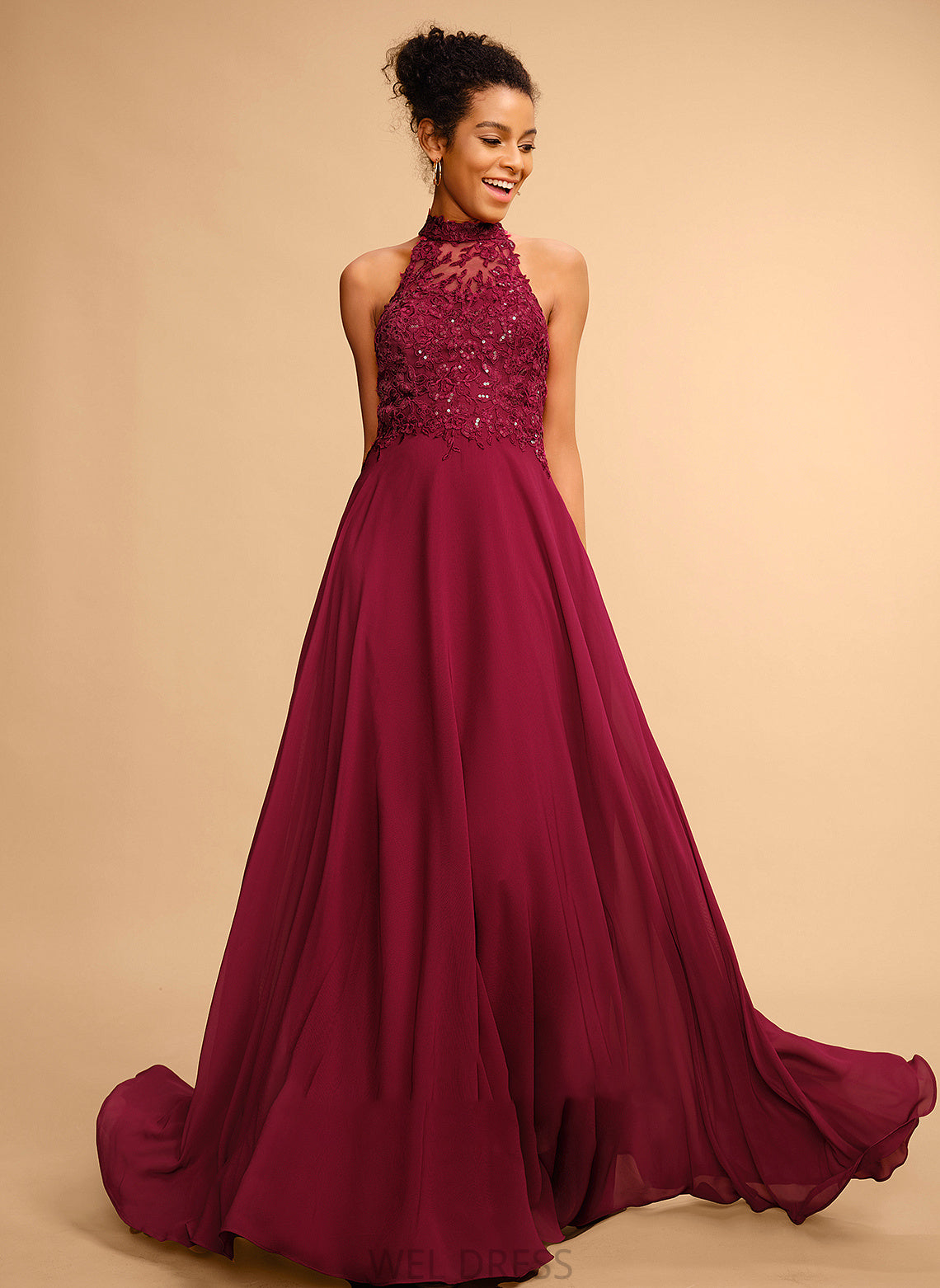 Halter Floor-Length Lace Prom Dresses Chiffon A-Line Sequins Vivian With