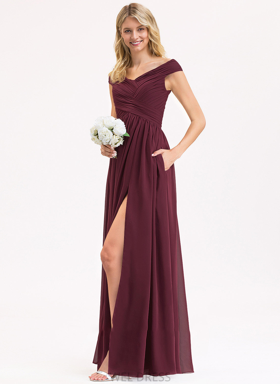 Ada Prom Dresses Ruffle With Off-the-Shoulder Chiffon A-Line Floor-Length Pockets Split Front