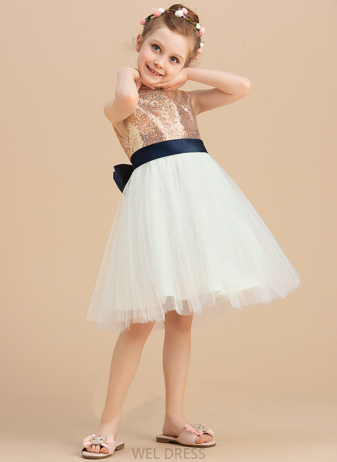 (Undetachable Lacey Flower Girl Dresses With Sequins/Bow(s) sash) Sleeveless Scoop Knee-length Neck Flower Dress - Satin/Tulle/Sequined A-Line Girl