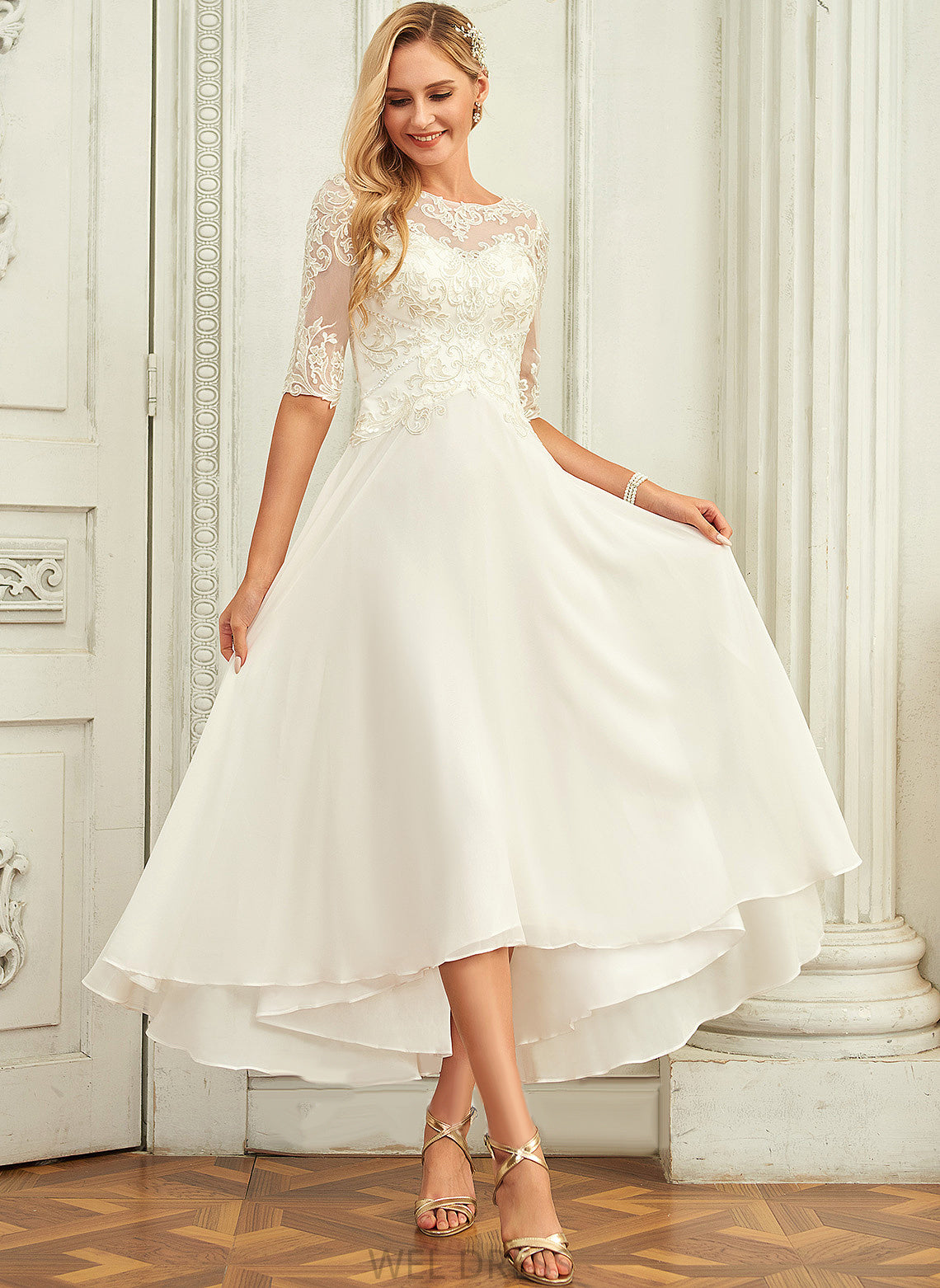 Sequins Rebekah Wedding Asymmetrical Lace Neck With Chiffon Dress Wedding Dresses Beading A-Line Scoop