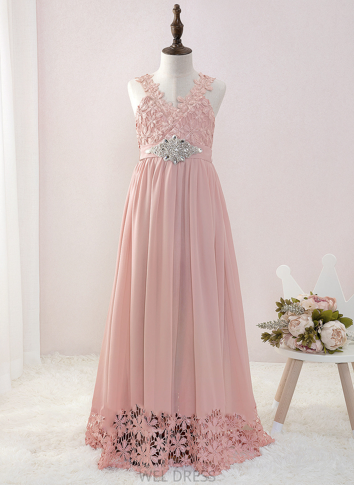 Flower Girl Dresses A-Line Jennifer Beading Dress Sleeveless Flower Girl Chiffon/Lace With V-neck Floor-length -