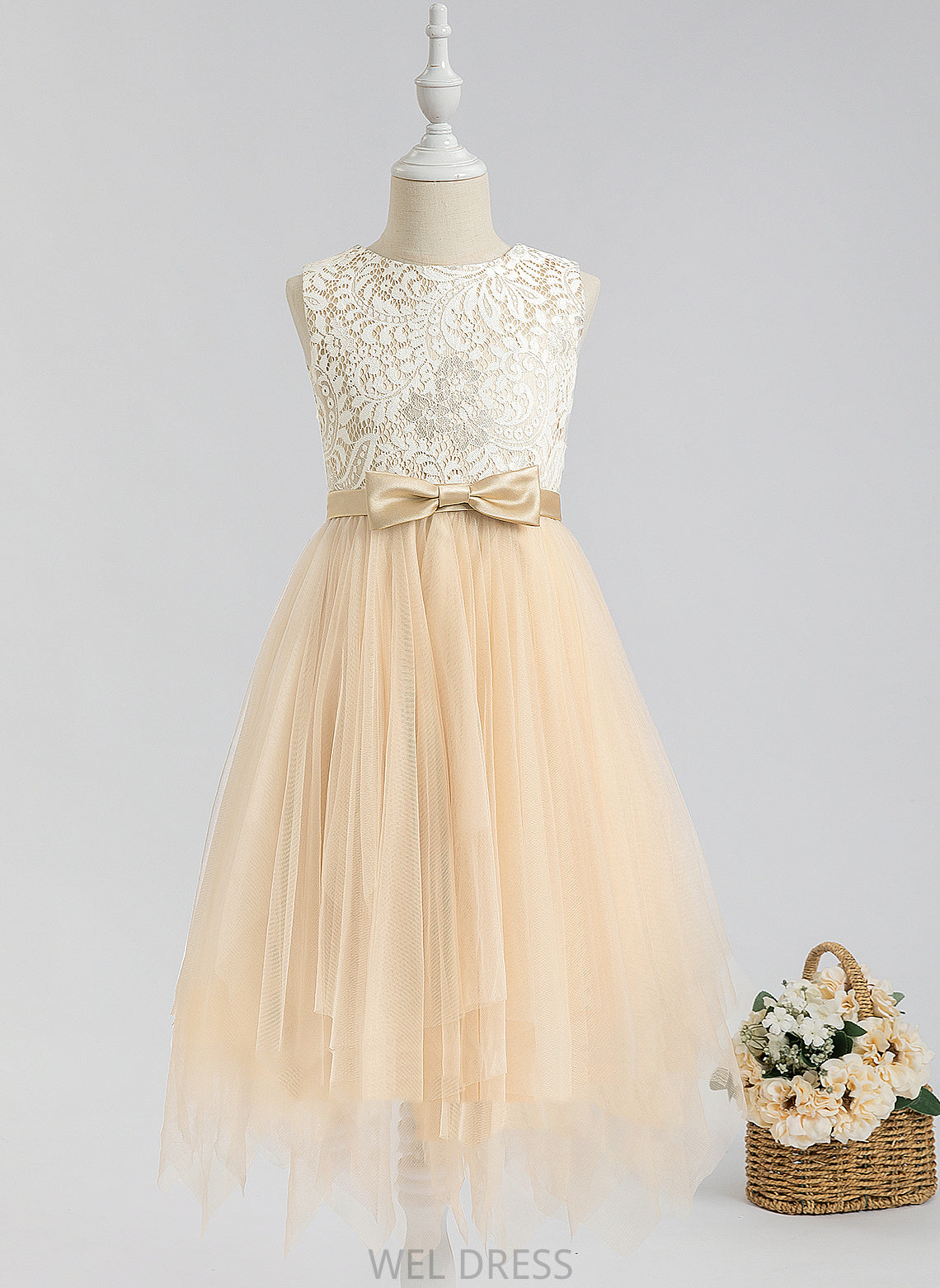 Dress Flower Carly Scalloped Flower Girl Dresses Neck With - A-Line Lace/Bow(s) Girl Tea-length Tulle Sleeveless