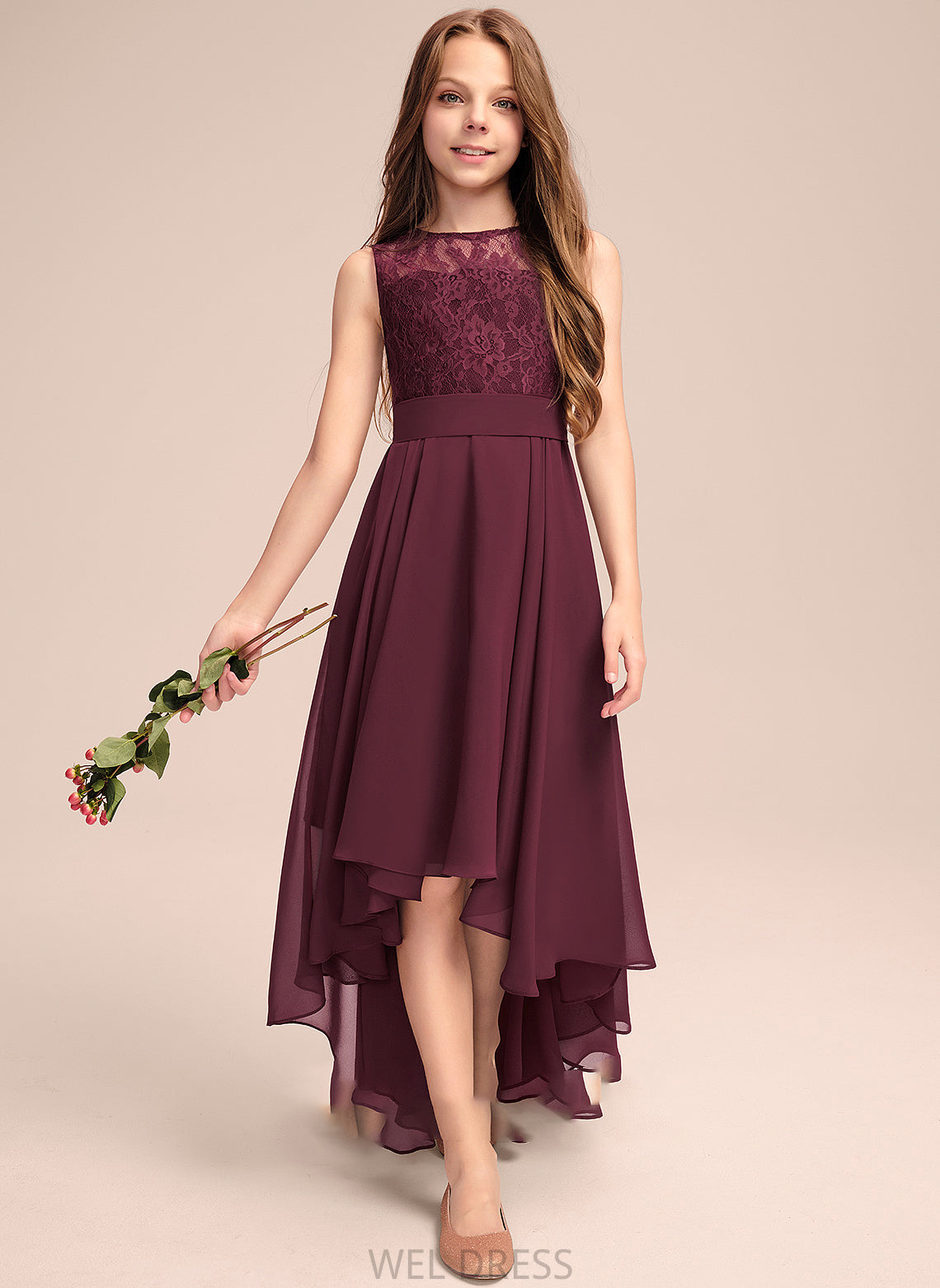 Beatrice A-Line Scoop Junior Bridesmaid Dresses With Chiffon Bow(s) Lace Asymmetrical Neck