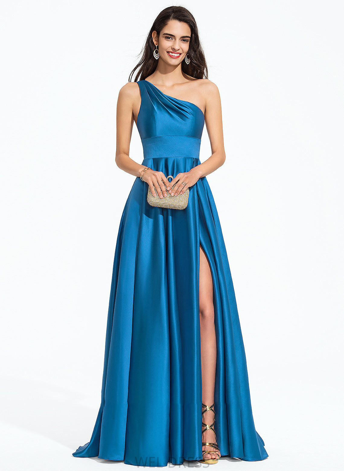 Prom Dresses A-Line One-Shoulder Front Split Sweep With Nora Train Satin