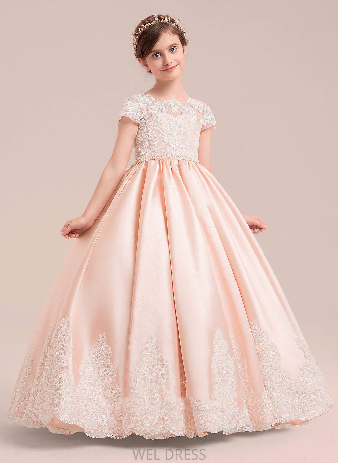 Flower Girl Dresses With Sleeves Ball Flower (Petticoat Floor-length Beading Scoop Short included) - Maddison Girl NOT Gown Neck Dress Satin/Tulle/Lace