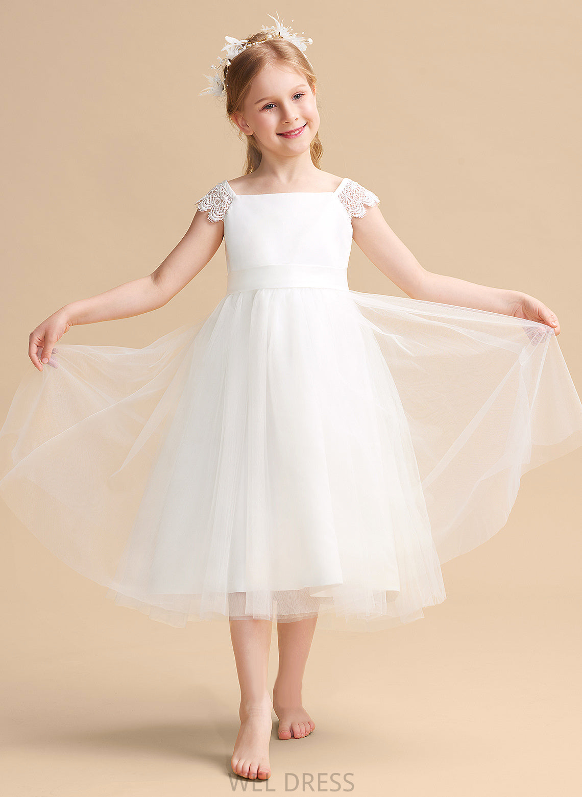 Dress Girl Tea-length Square Satin/Tulle - Flower Girl Dresses With Flower A-Line Sleeveless Tamara Neckline Lace/Sash