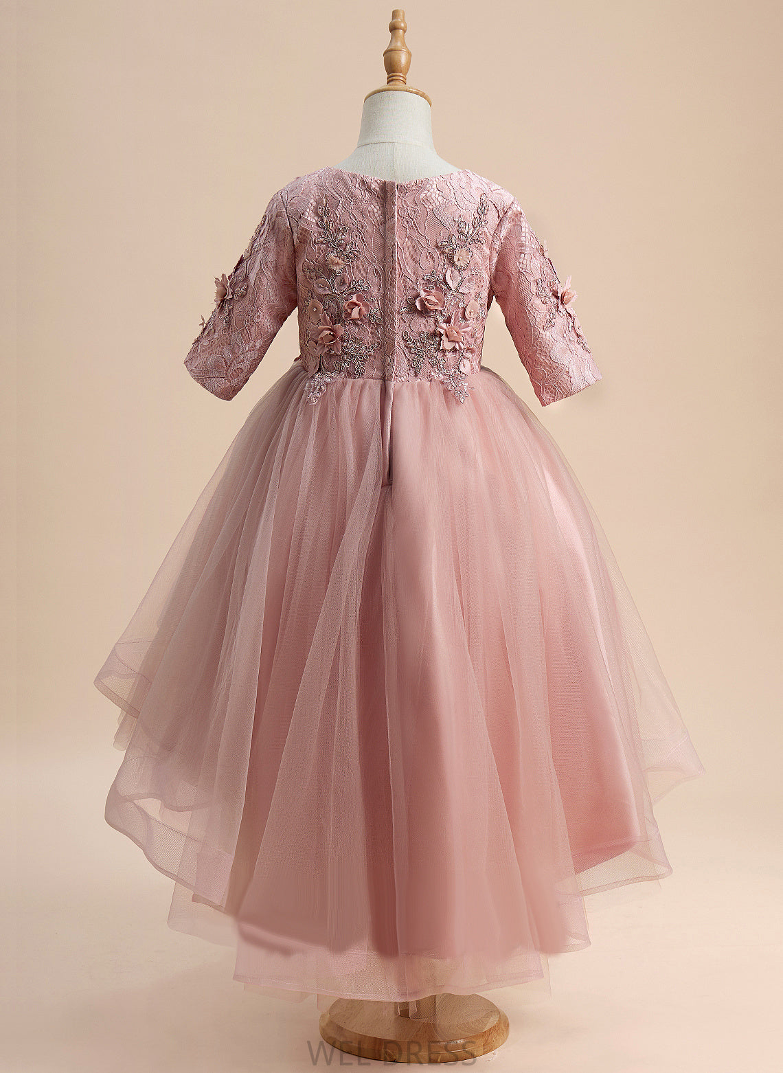 1/2 Flower Asymmetrical Flower Girl Dresses Tulle Girl Sleeves Beading/Flower(s) Dress - Phoebe Scoop With Ball-Gown/Princess Neck