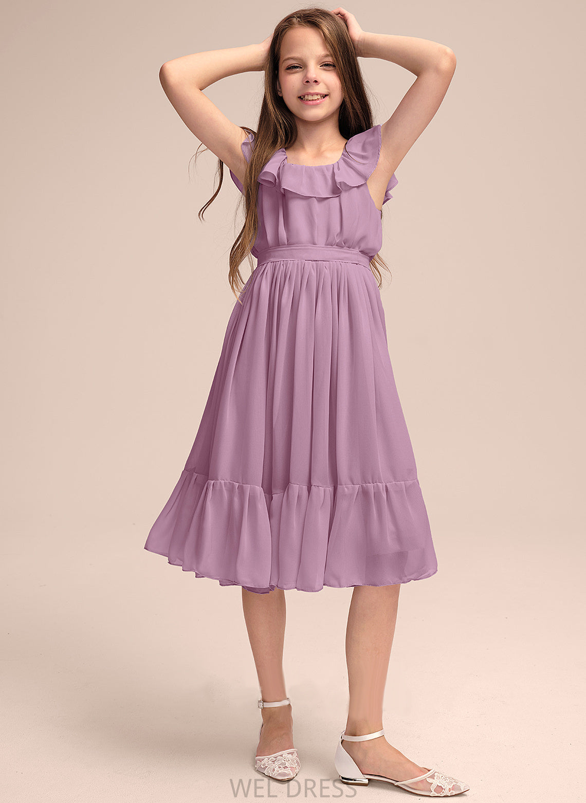 A-Line Ruffles With Junior Bridesmaid Dresses Chiffon Bow(s) Knee-Length Neck Cascading Scoop Veronica