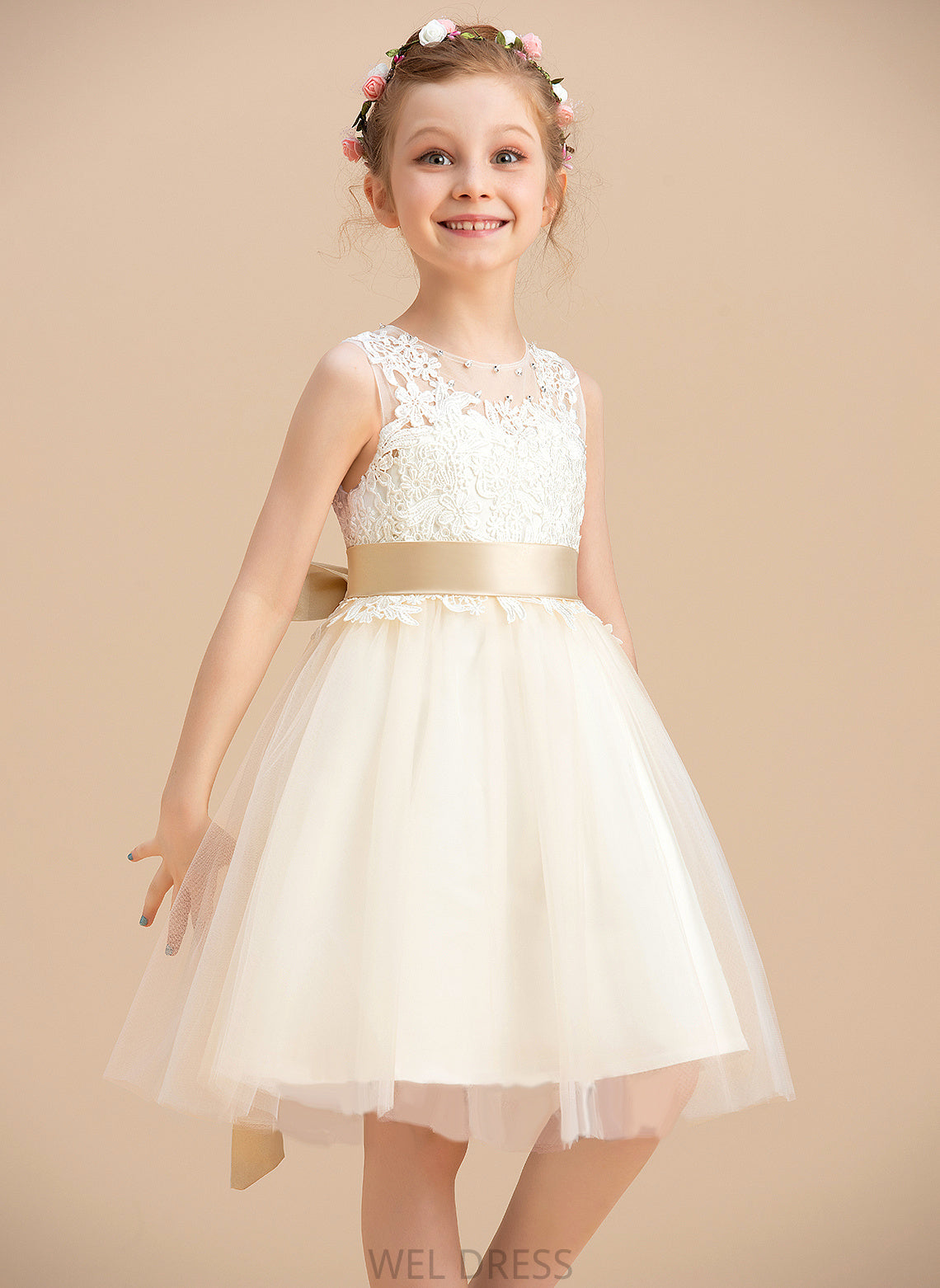 Neck Sash/Beading/Back With Hole Flower Girl Dresses Itzel - A-Line Girl Dress Scoop Sleeveless sash) (Detachable Knee-length Flower Tulle/Lace