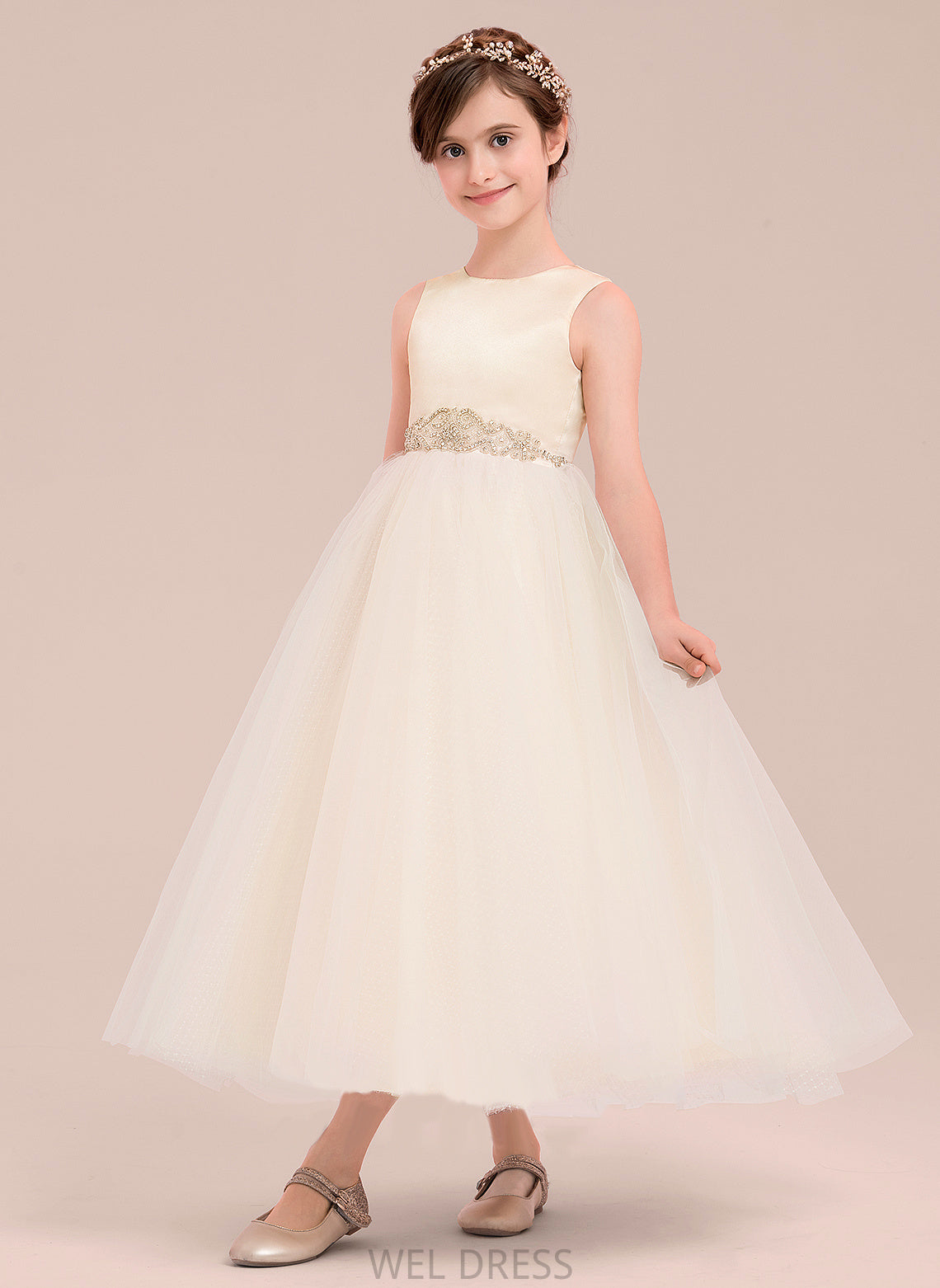 With Dress A-Line Flower Girl Dresses Rylie - Girl Satin/Tulle Beading Scoop Flower Ankle-length Sleeveless Neck