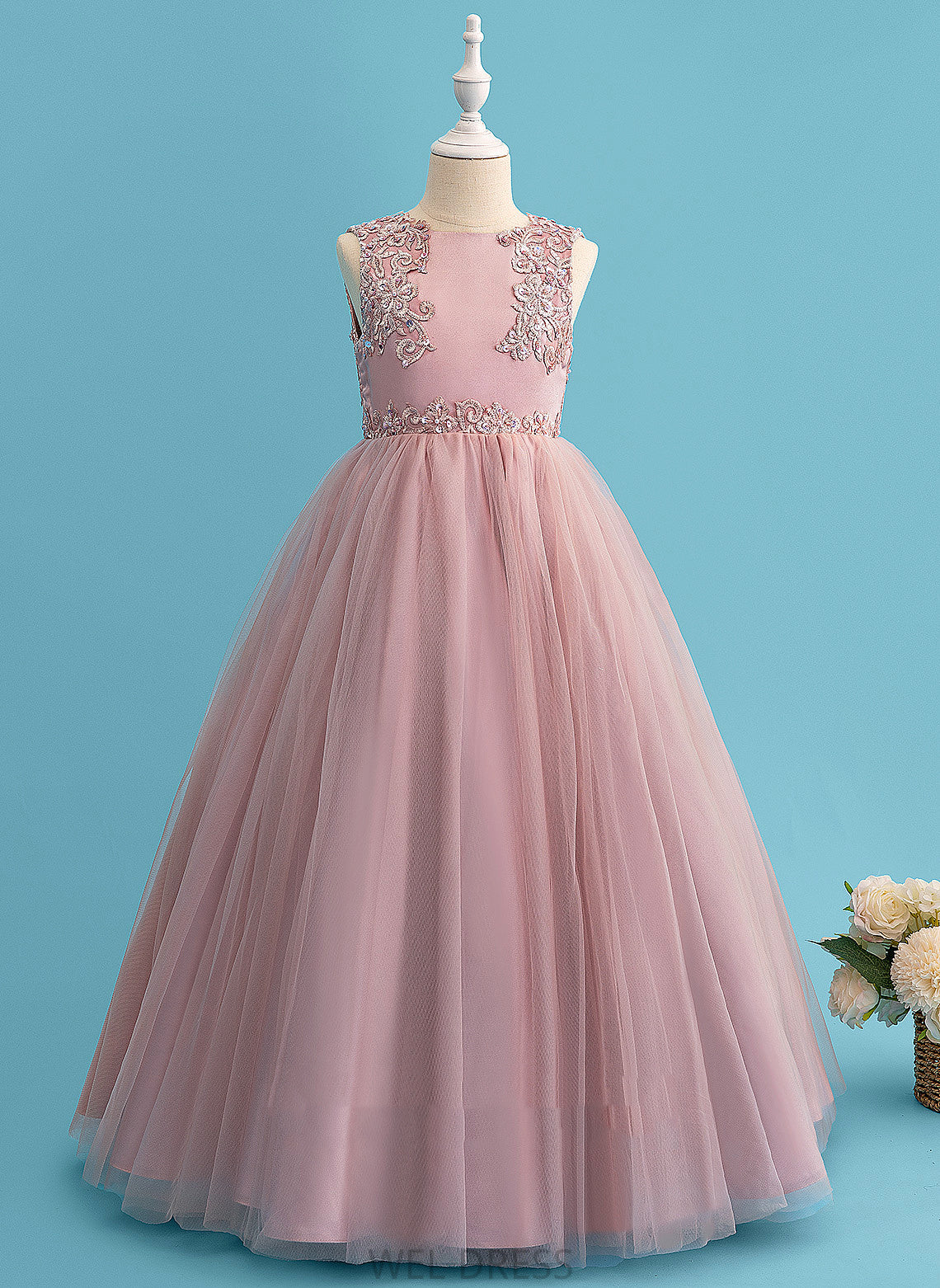 Girl Scoop Neck Quintina With Beading/Sequins Sleeveless Flower Floor-length Flower Girl Dresses Dress Ball-Gown/Princess - Satin/Tulle/Lace