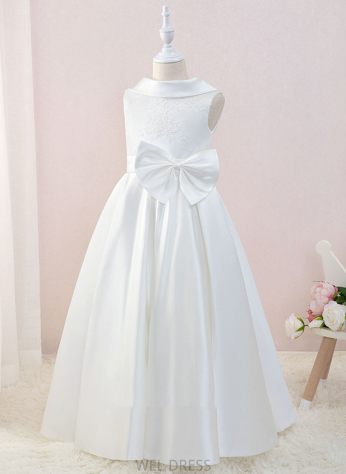 With Bow(s) Neck Scoop Satin/Lace Flower Girl Dresses Ball-Gown/Princess Dress - Sleeveless Bianca Flower Girl Floor-length