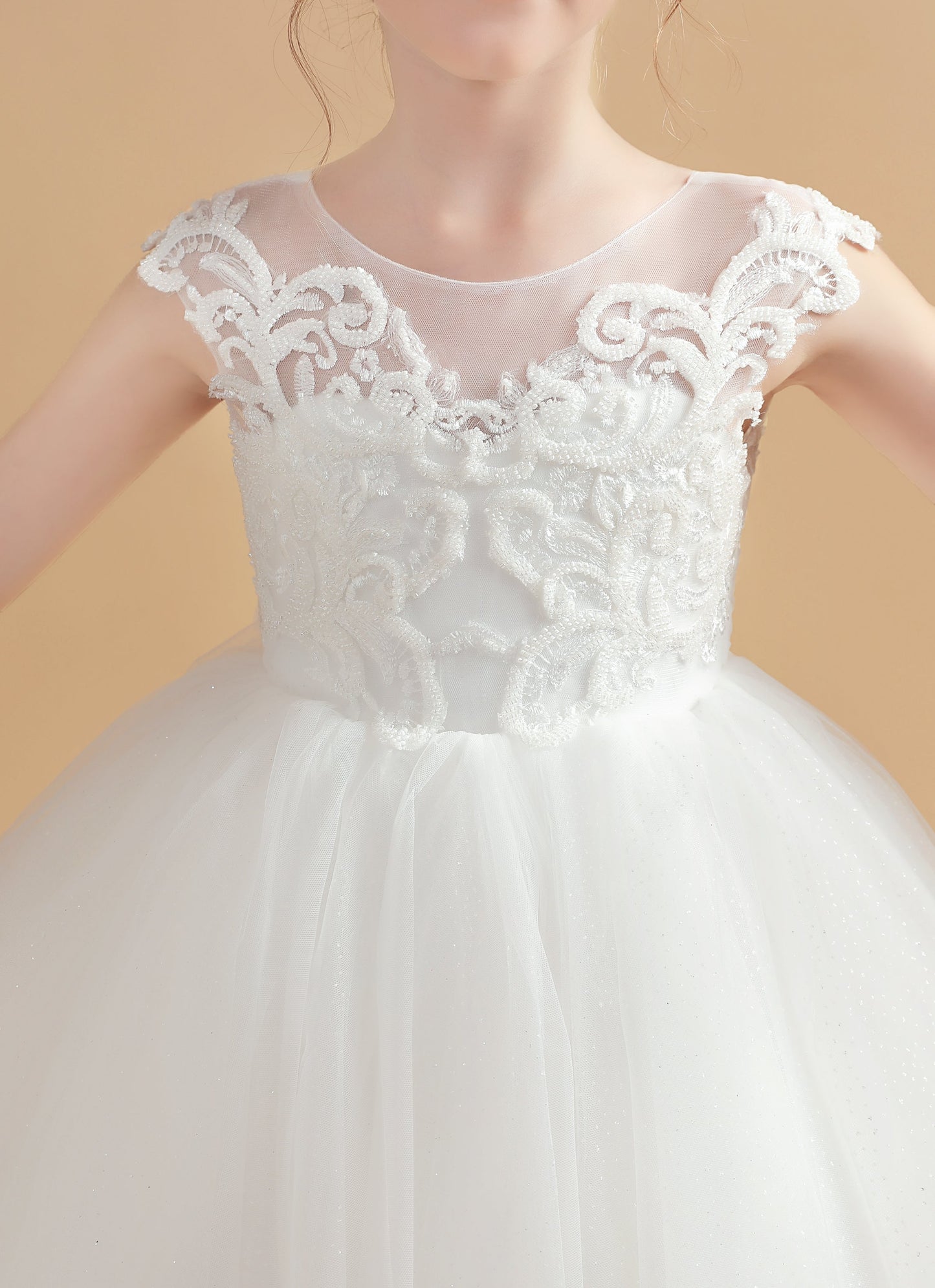 Cap Sleeves Ivory Tulle Flower Girl Dresses With Bow-Knot