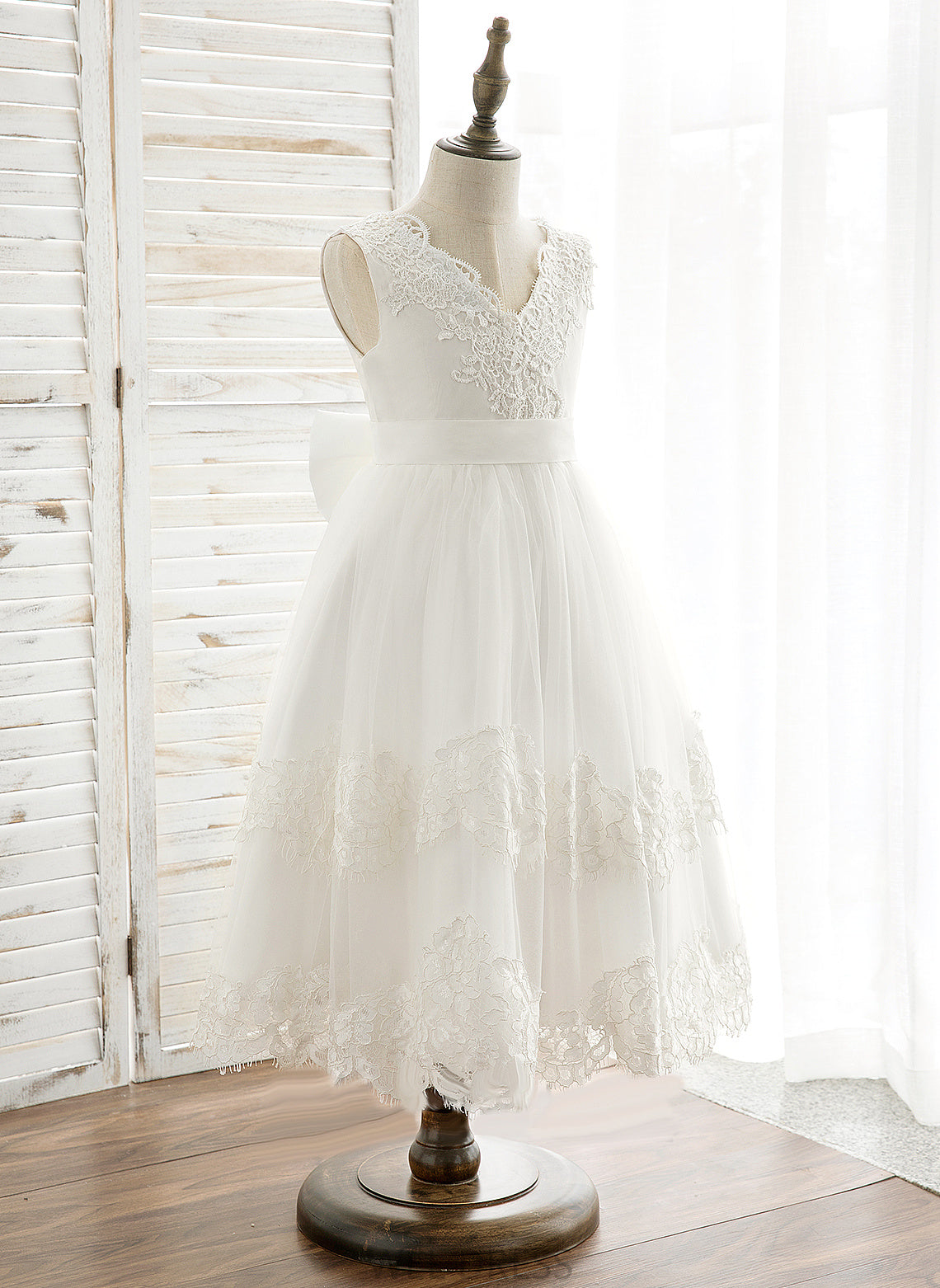 Flower Sleeveless Tulle/Lace America With Girl - Flower Girl Dresses A-Line Back Dress V-neck Tea-length Bow(s)/V