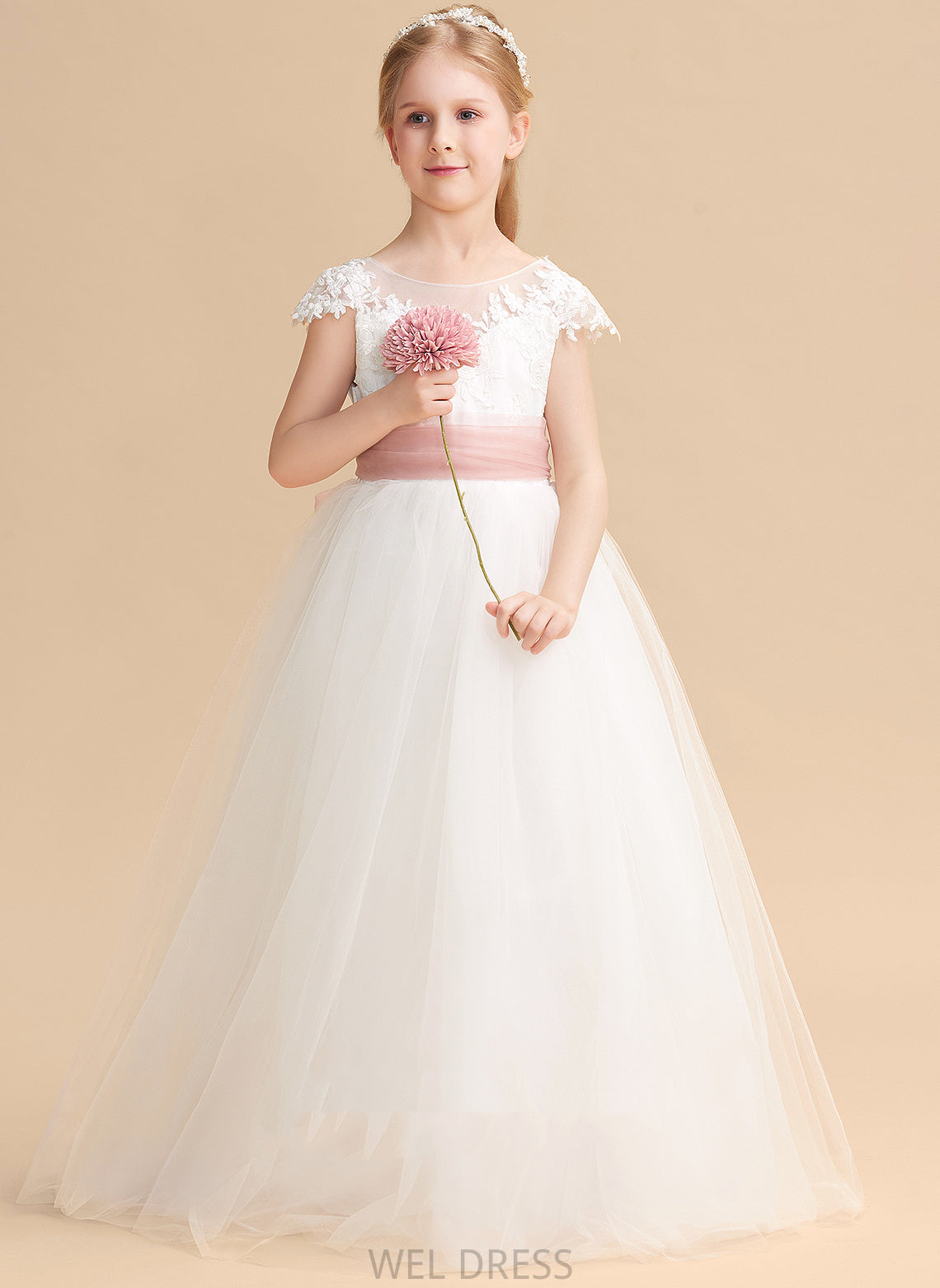 Lace/Sash Scoop Dress With Floor-length Girl Neck Lace Yuliana - Ball-Gown/Princess Flower Girl Dresses Flower Sleeveless