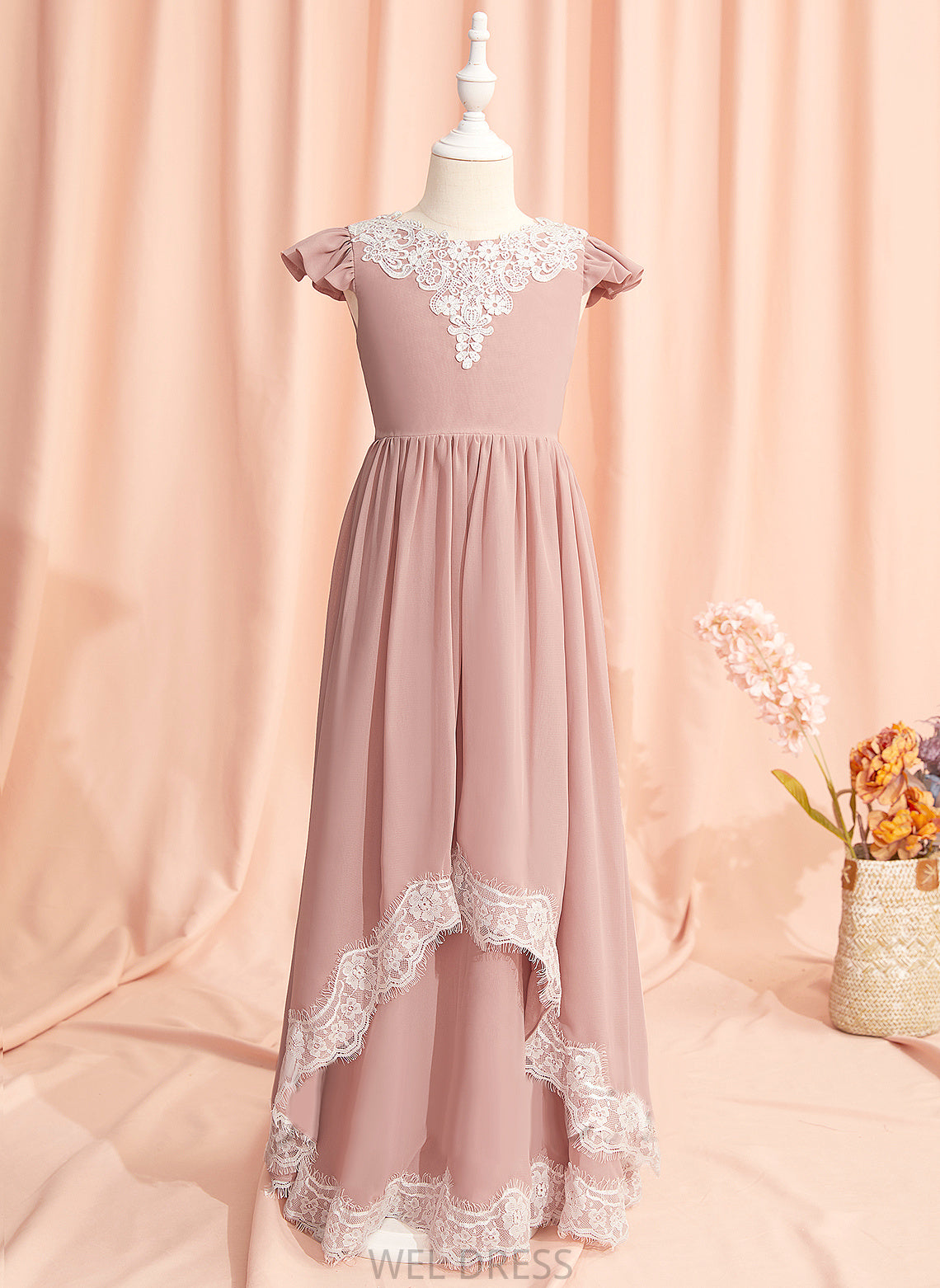 Chiffon/Lace Short With - Scoop A-Line Girl Lace/V Flower Meadow Flower Girl Dresses Floor-length Back Sleeves Neck Dress